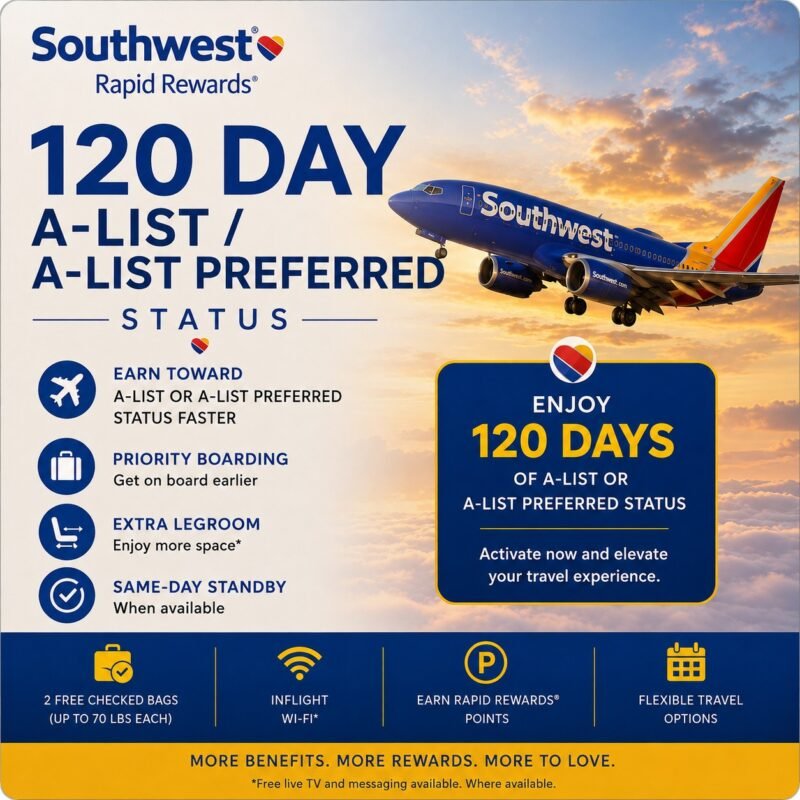 Southwest Airlines A-List / A-List Preferred Status – 120-Day Challenge